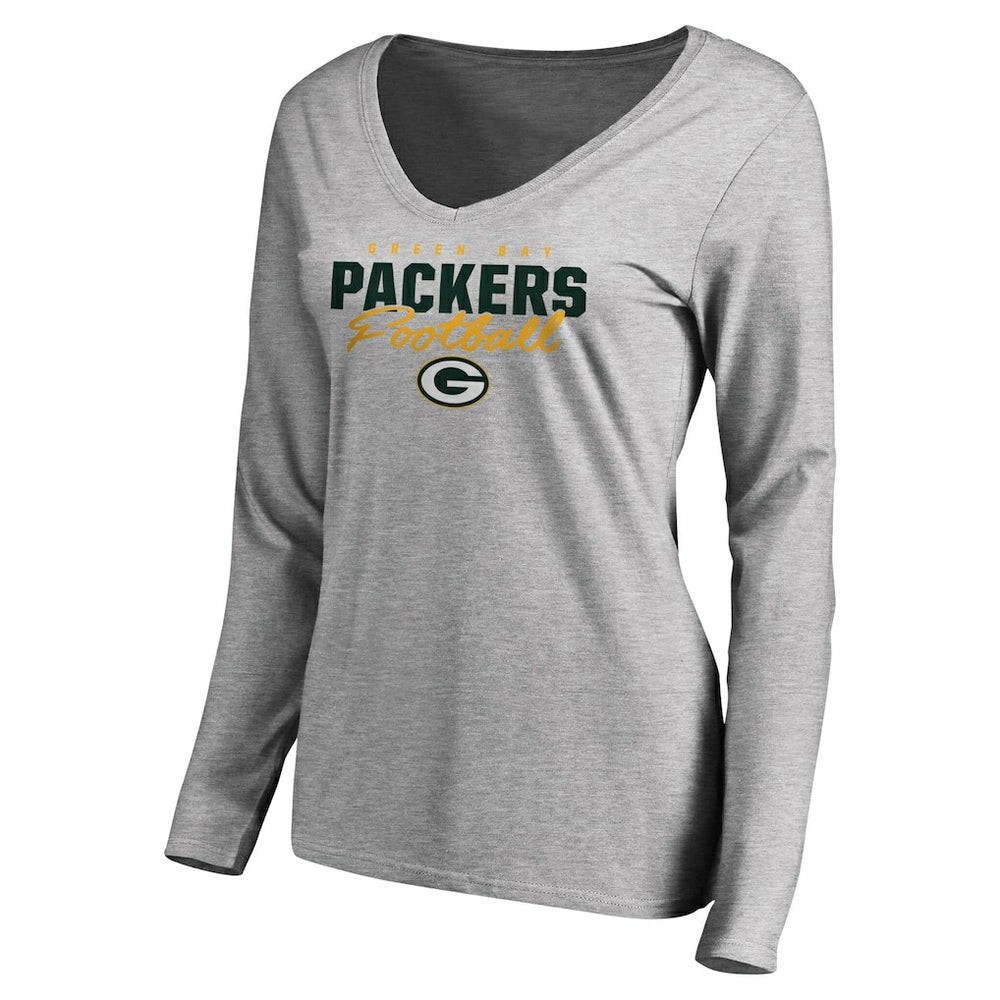 Green Bay Packers Women's Iconic Collection Script Assist Long Sleeve V-Neck T-Shirt Ash