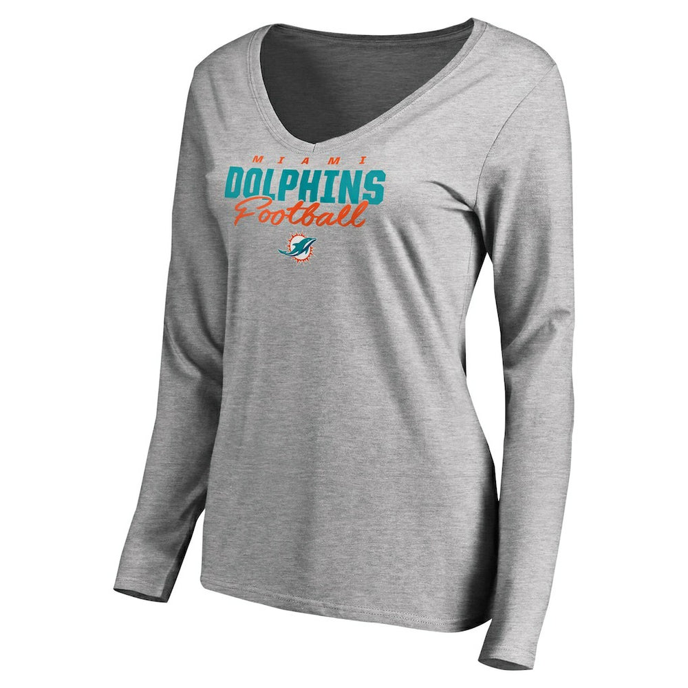 Miami Dolphins Women's Iconic Collection Script Assist Long Sleeve V-Neck T-Shirt Ash