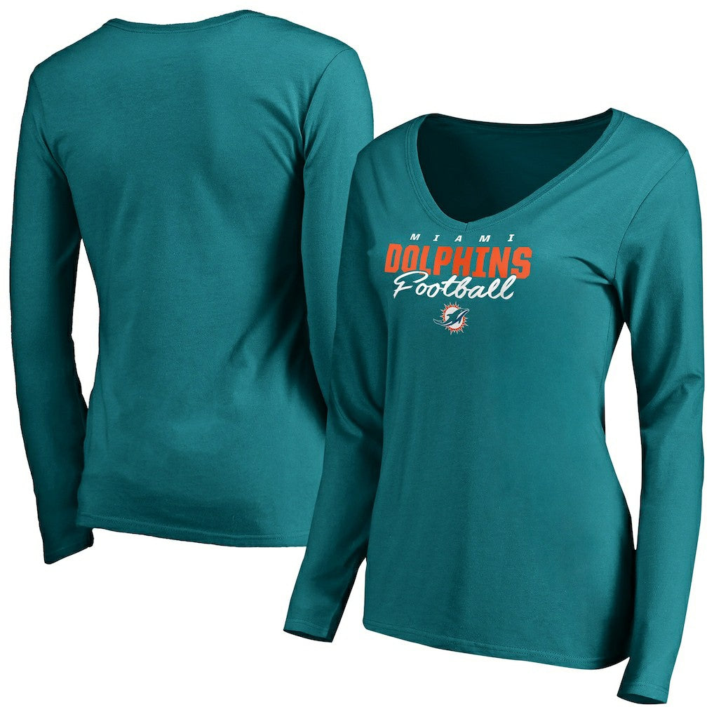 Miami Dolphins Women's Iconic Collection Script Assist Long Sleeve V-Neck T-Shirt Aqua