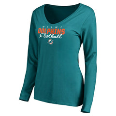 Miami Dolphins Women's Iconic Collection Script Assist Long Sleeve V-Neck T-Shirt Aqua