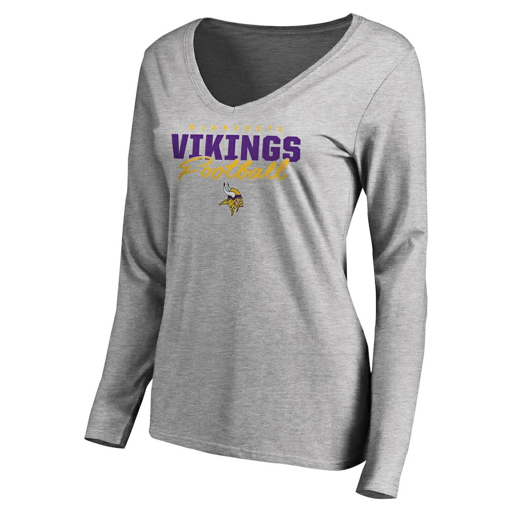 Minnesota Vikings Women's Iconic Collection Script Assist Long Sleeve V-Neck T-Shirt Ash