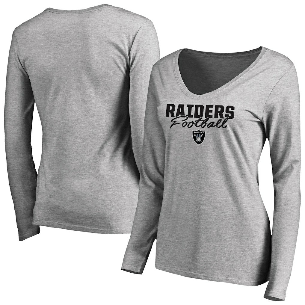 Las Vegas Raiders Women's Iconic Collection Script Assist Long Sleeve V-Neck T-Shirt Ash