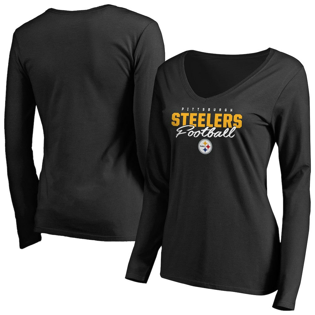 Pittsburgh Steelers Women's Iconic Collection Script Assist Long Sleeve V-Neck T-Shirt Black