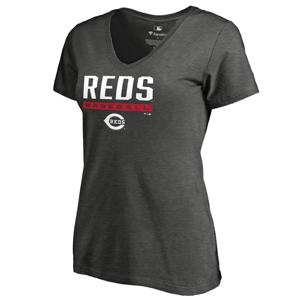 Cincinnati Reds Women's Win Stripe V-Neck T-Shirt - Ash T-shirts