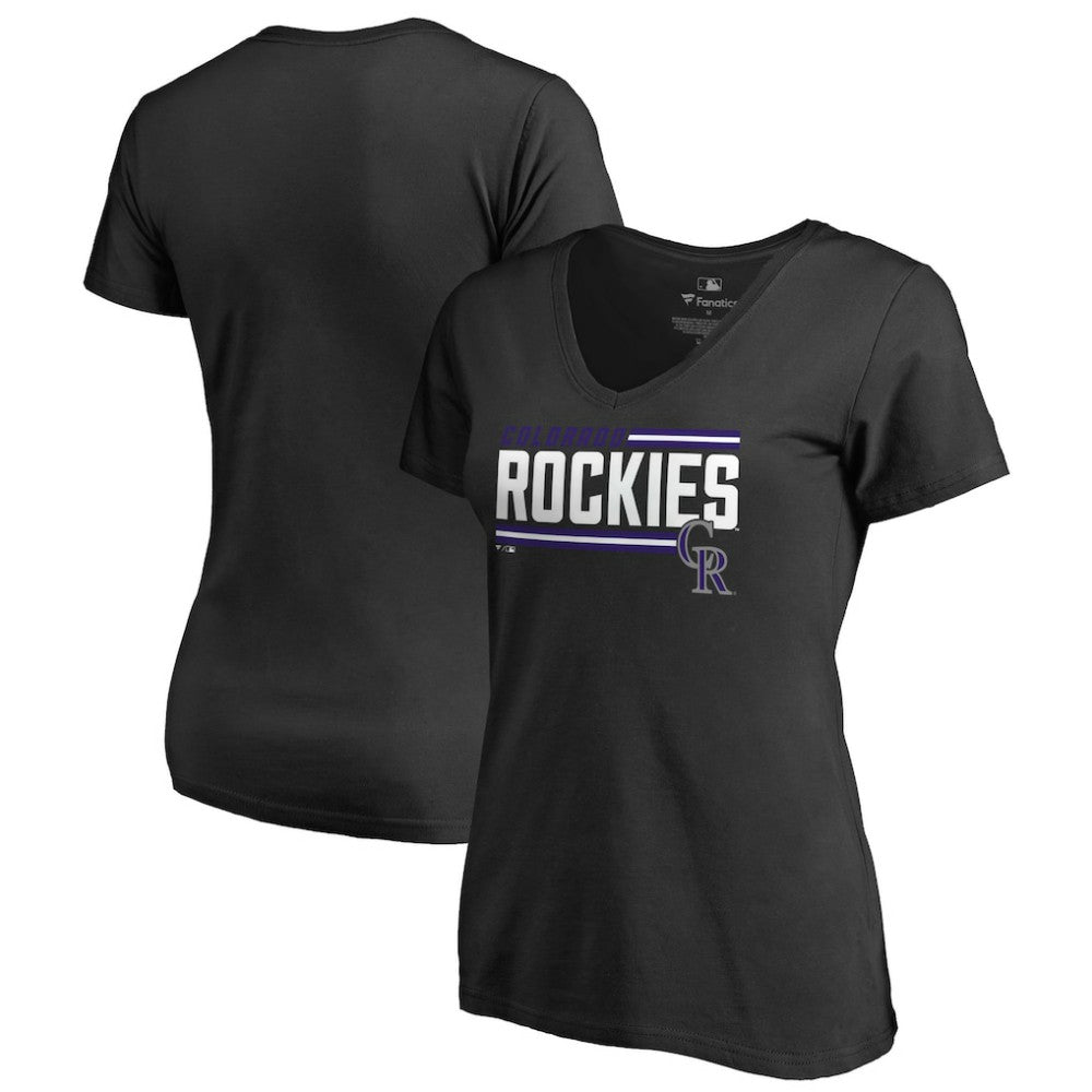 Colorado Rockies Women's Onside Stripe V-Neck T-Shirt - Black T-shirts