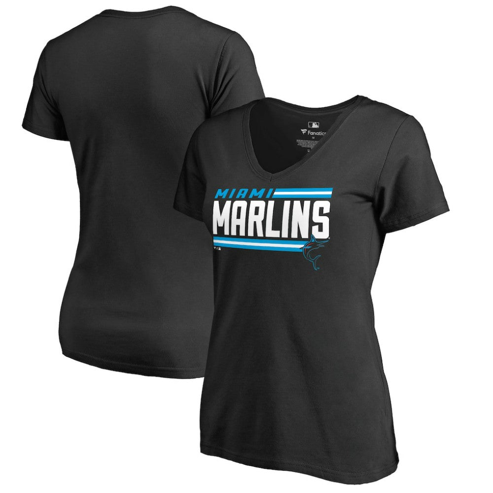Miami Marlins Women's Onside Stripe V-Neck T-Shirt - Black T-shirts