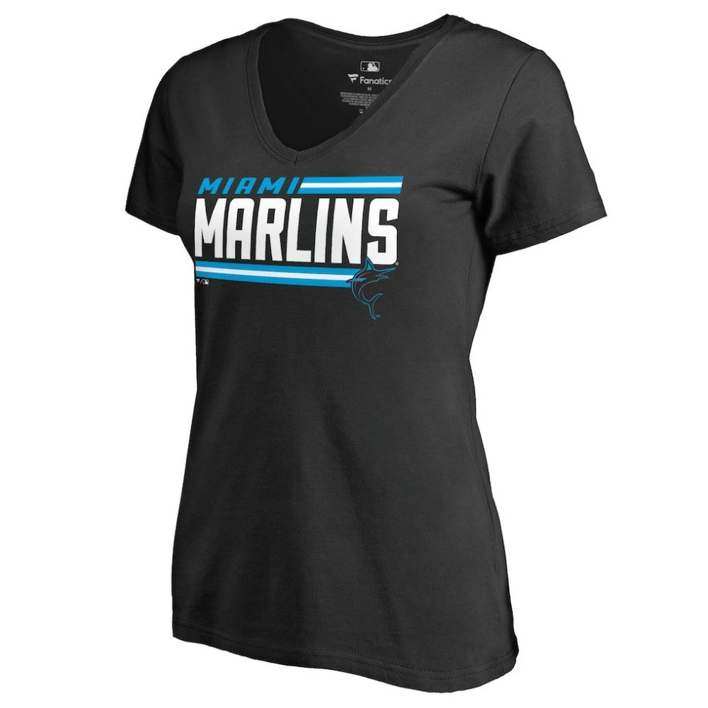 Miami Marlins Women's Onside Stripe V-Neck T-Shirt - Black T-shirts