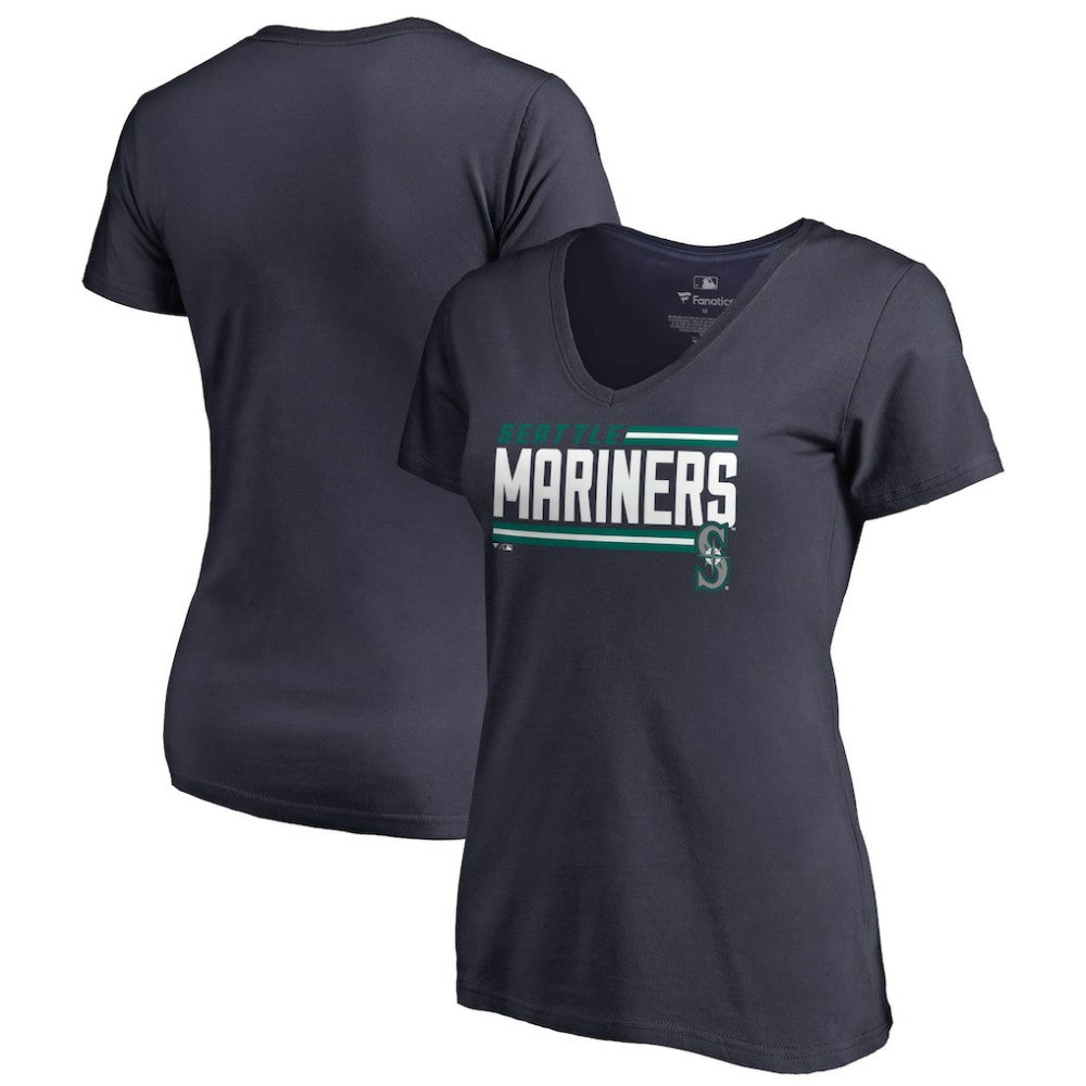 Seattle Mariners Women's Onside Stripe V-Neck T-Shirt - Navy T-shirts