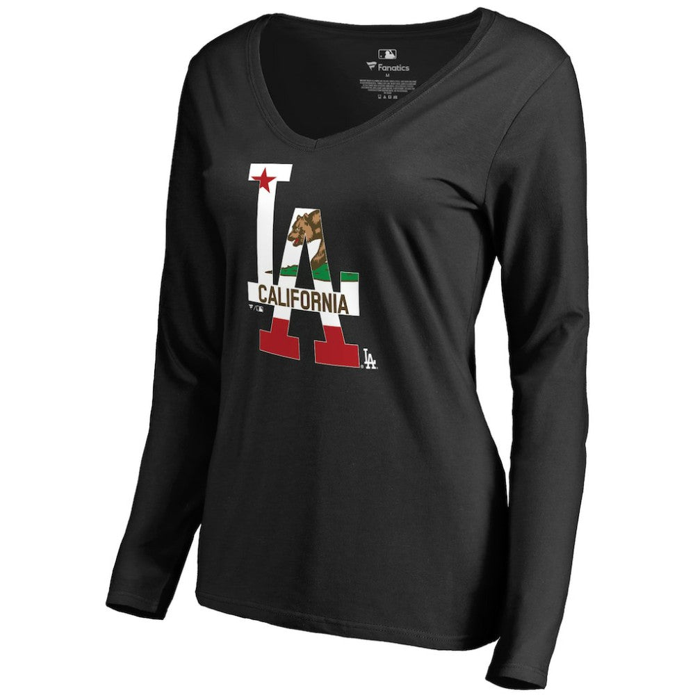 Los Angeles Dodgers Women's Hometown Collection Cali Flag Long Sleeve V-Neck T-Shirt - Black T-shirts