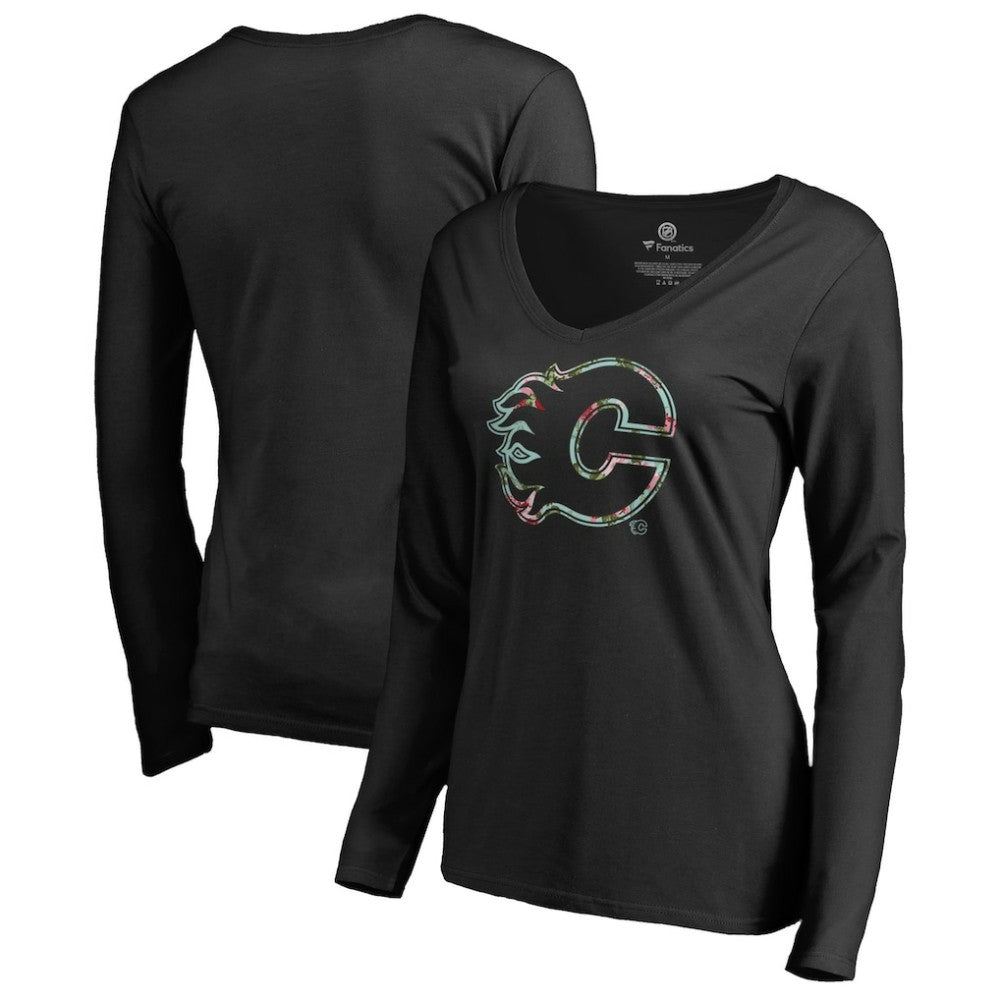 NHL Calgary Flames Women's Lovely Long Sleeve V-Neck T-Shirt - Black