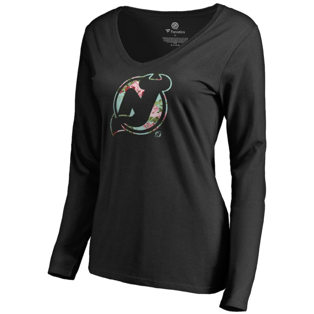 NHL New Jersey Devils Women's Lovely Long Sleeve V-Neck T-Shirt - Black