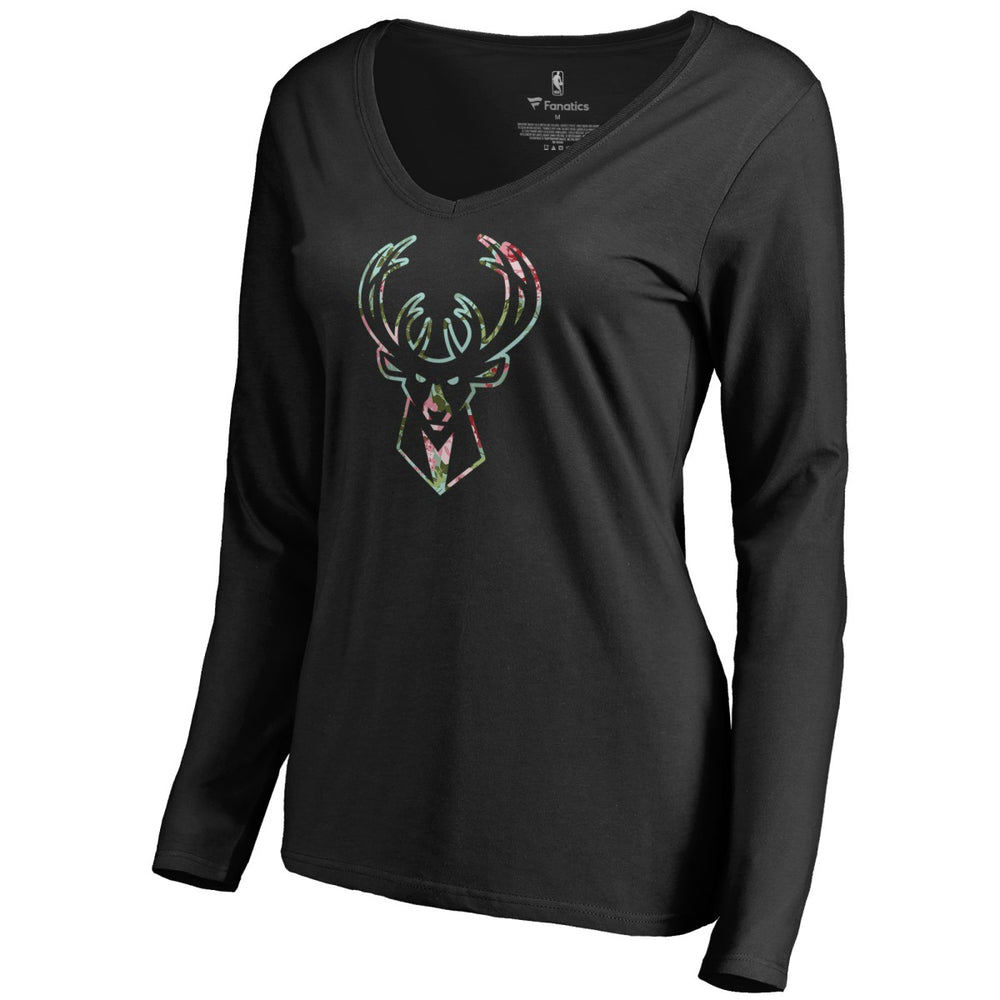 Milwaukee Bucks Women's Lovely V-Neck Long Sleeve T-Shirt Black
