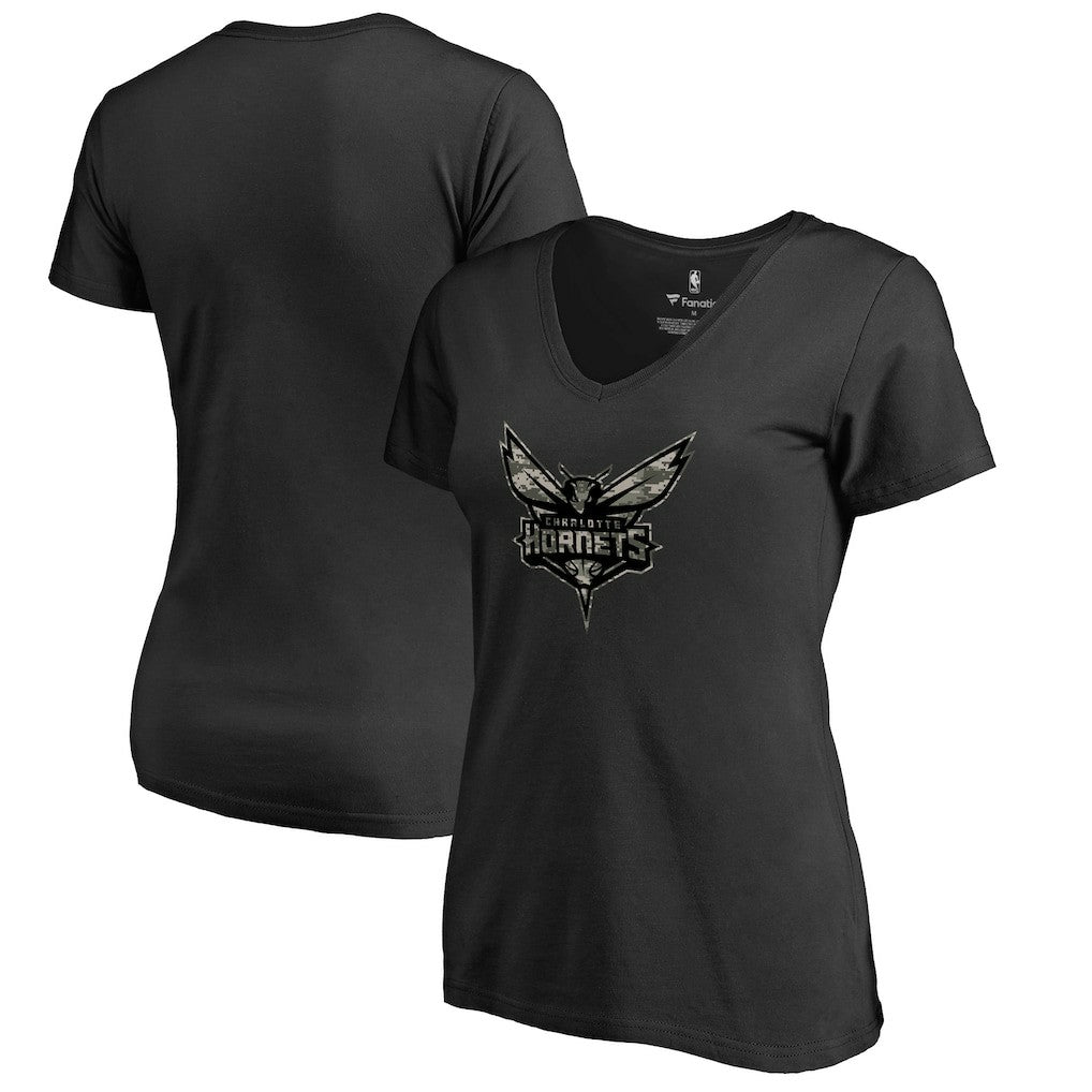 Charlotte Hornets Women's Cloak Camo V-Neck T-Shirt Black