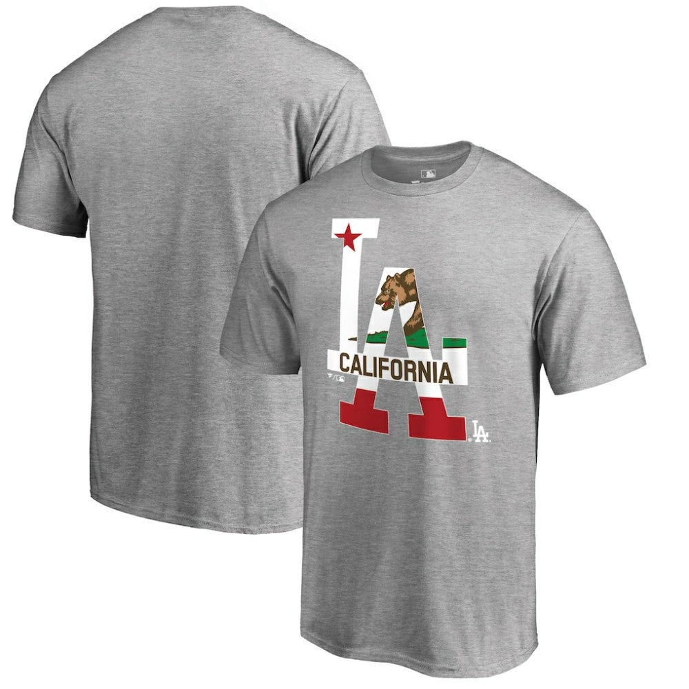 Los Angeles Dodgers Hometown Collection Cali Flag T-Shirt - Heathered Gray T-shirts