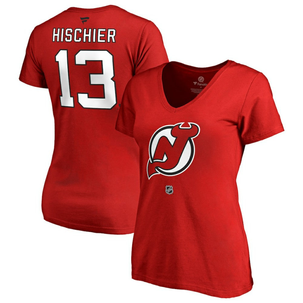 NHL Nico Hischier New Jersey Devils Women's Authentic Stack Name & Number V-Neck T-Shirt - Red