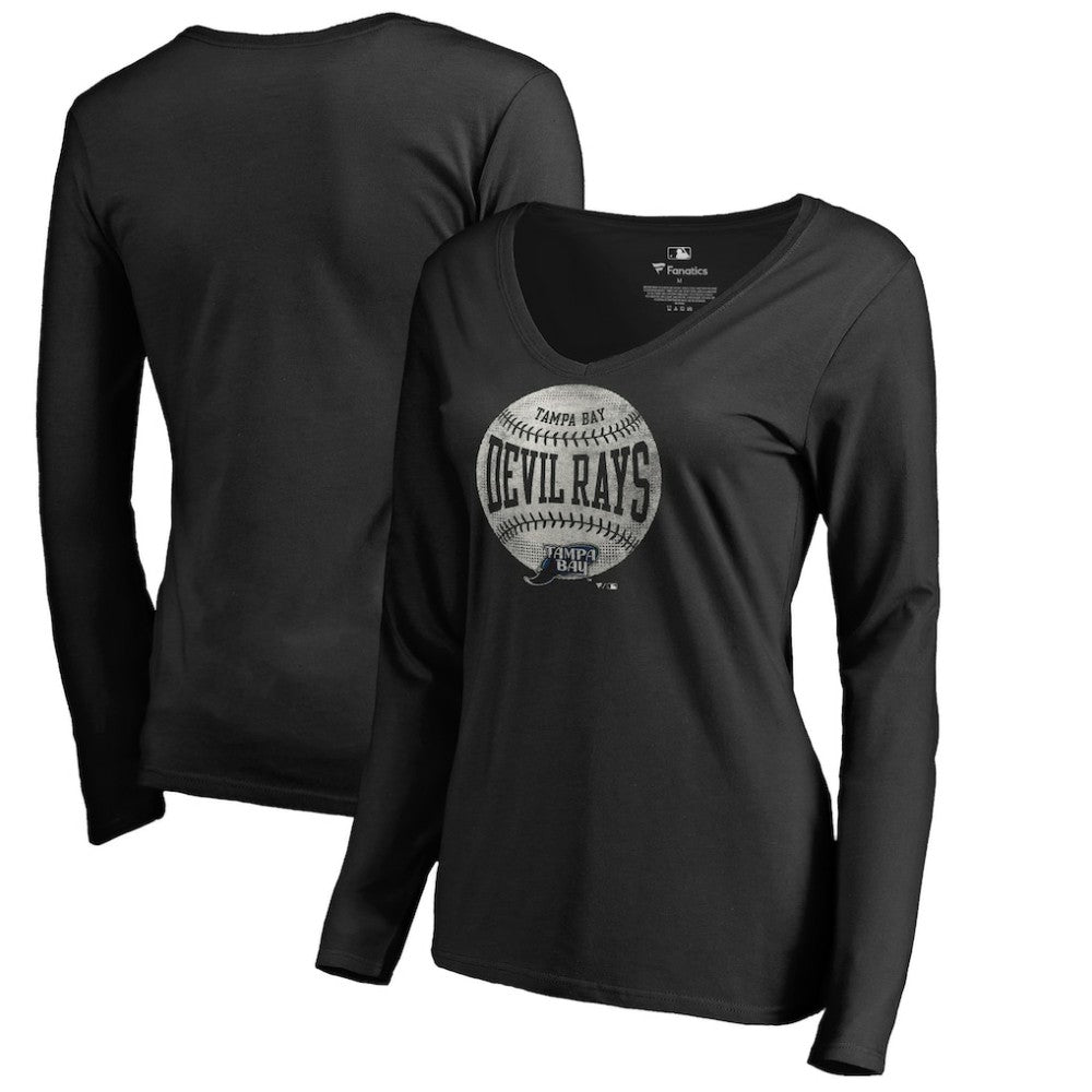 Tampa Bay Rays Women's Cooperstown Collection Slider Long Sleeve V-Neck T-Shirt - Black T-shirts