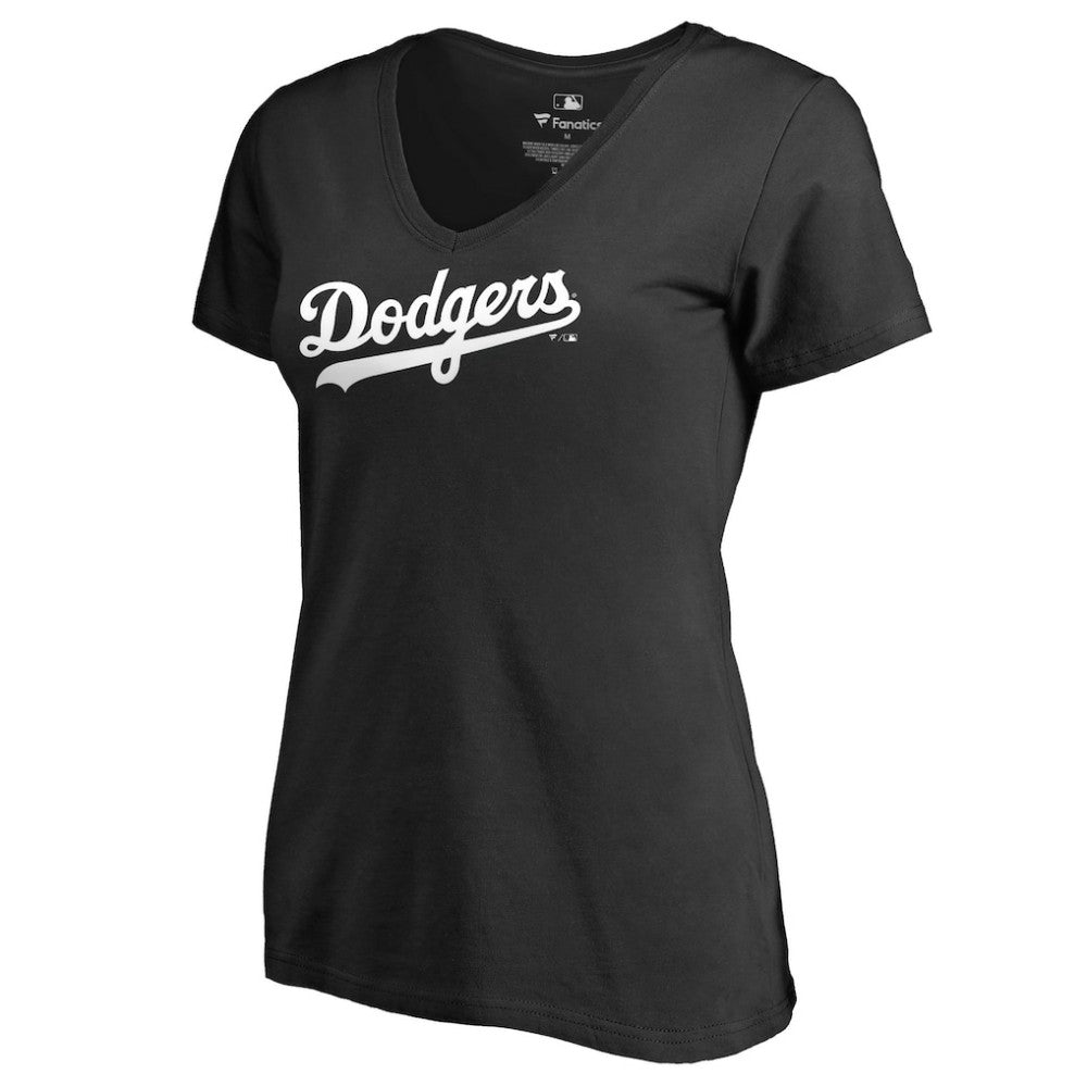 Los Angeles Dodgers Women's Team Wordmark V-Neck T-Shirt - Black T-shirts