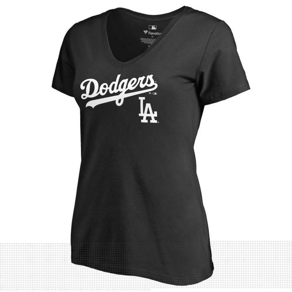 Los Angeles Dodgers Women's Team Lockup V-Neck T-Shirt - Black T-shirts