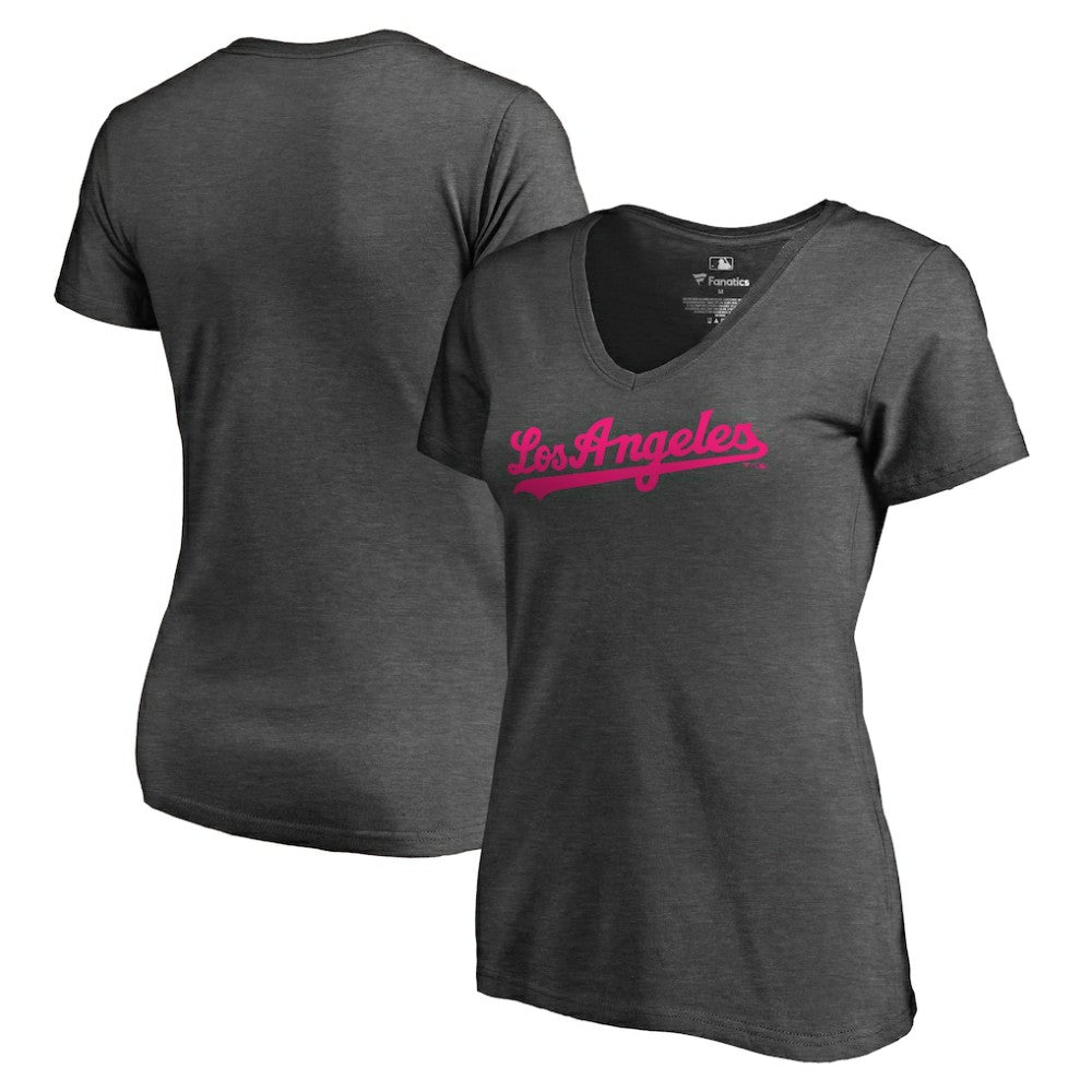 Los Angeles Dodgers Women's Pink Wordmark V-Neck T-Shirt - Heathered Gray T-shirts