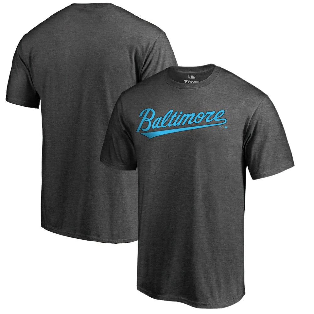 Baltimore Orioles Blue Wordmark T-Shirt - Heathered Charcoal T-shirts