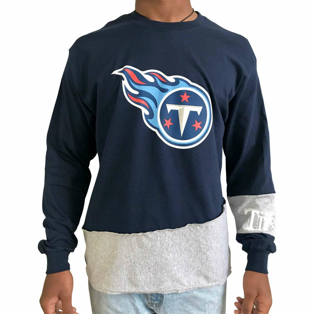 Tennessee Titans Refried Apparel Sustainable Upcycled Angle Long Sleeve T-Shirt Navy/Gray