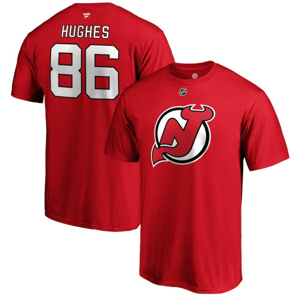 NHL Jack Hughes New Jersey Devils Fanatics Authentic Stack Player Name & Number T-Shirt - Red
