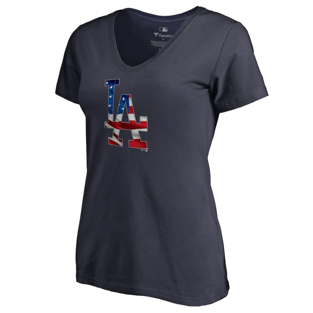 Clayton Kershaw Los Angeles Dodgers Women's Banner Wave Name & Number V-Neck T-Shirt - Navy T-shirts