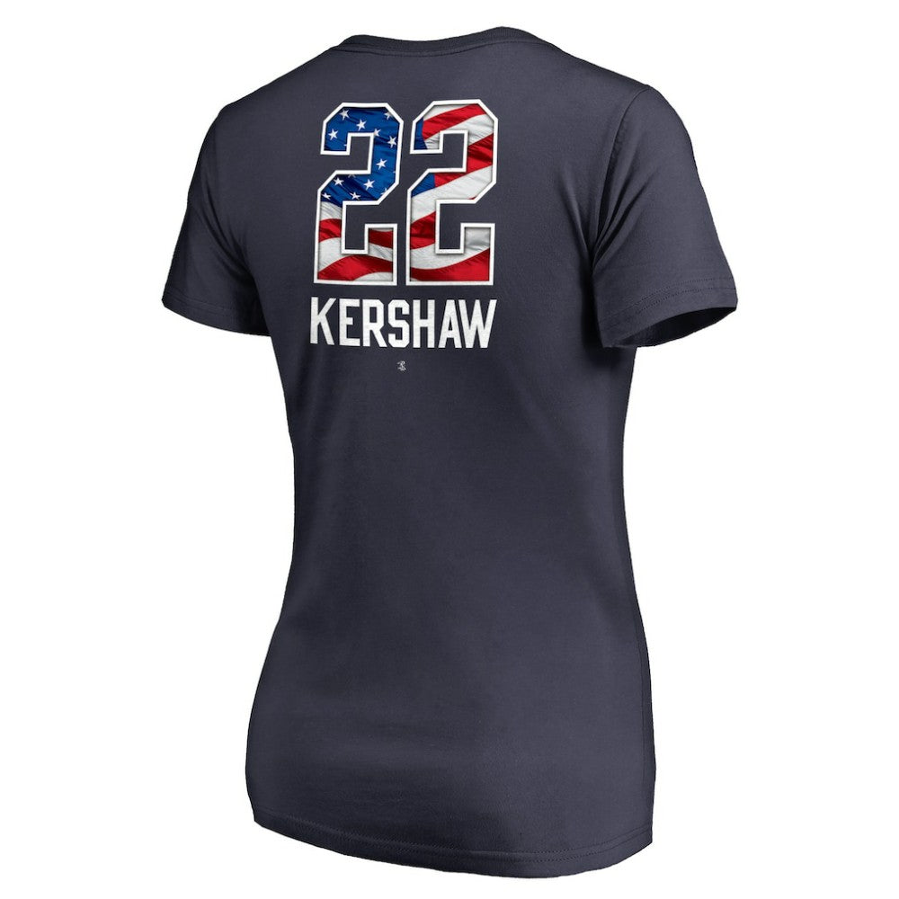 Clayton Kershaw Los Angeles Dodgers Women's Banner Wave Name & Number V-Neck T-Shirt - Navy T-shirts