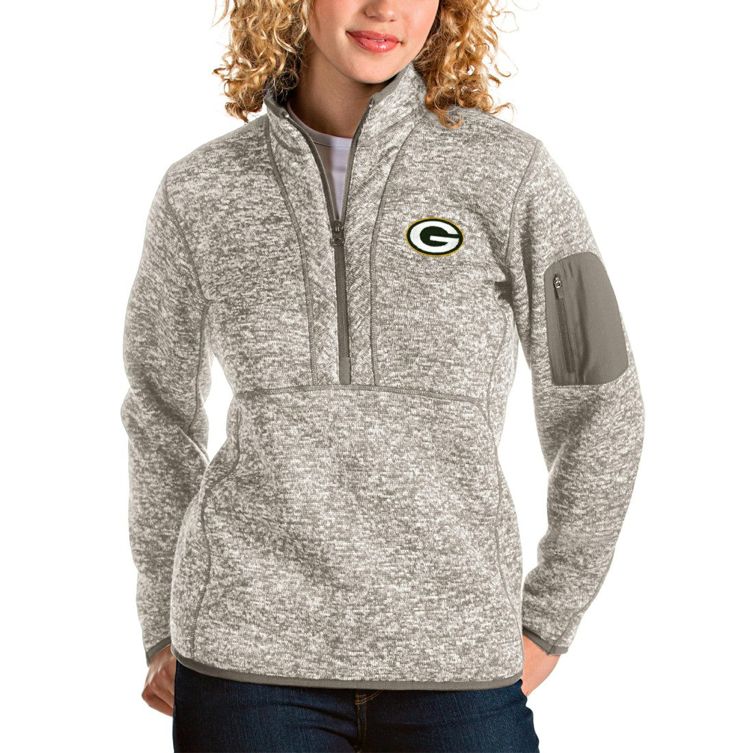 Green Bay Packers Antigua Women's Fortune Half-Zip Pullover Jacket Oatmeal