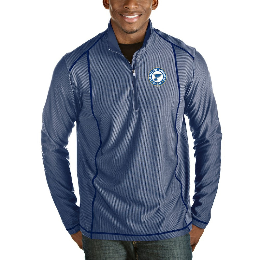 NHL St. Louis Blues Antigua 2019 Stanley Cup Champions Tempo Quarter-Zip Pullover Jacket - Royal/Heather Gray