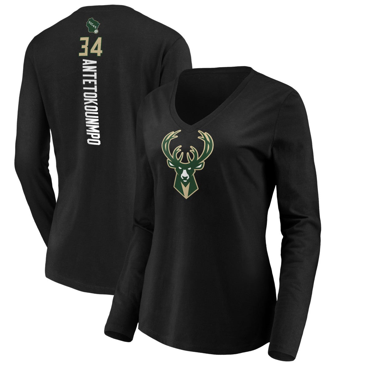 Giannis Antetokounmpo Milwaukee Bucks Women's Playmaker Name & Number Long Sleeve V-Neck T-Shirt Black