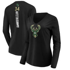 Giannis Antetokounmpo Milwaukee Bucks Women's Playmaker Name & Number Long Sleeve V-Neck T-Shirt Black