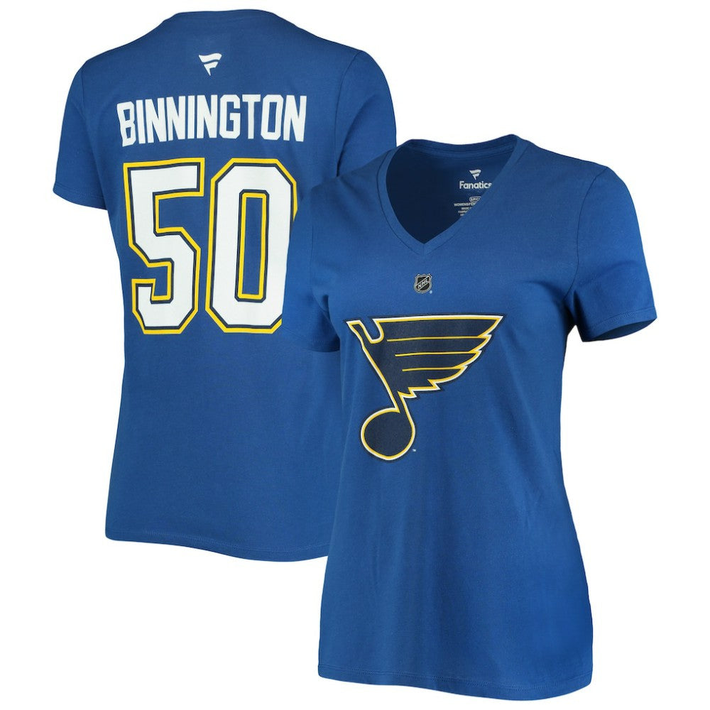 NHL Jordan Binnington St. Louis Blues Fanatics Women's Authentic Stack Name & Number V-Neck T-Shirt - Blue