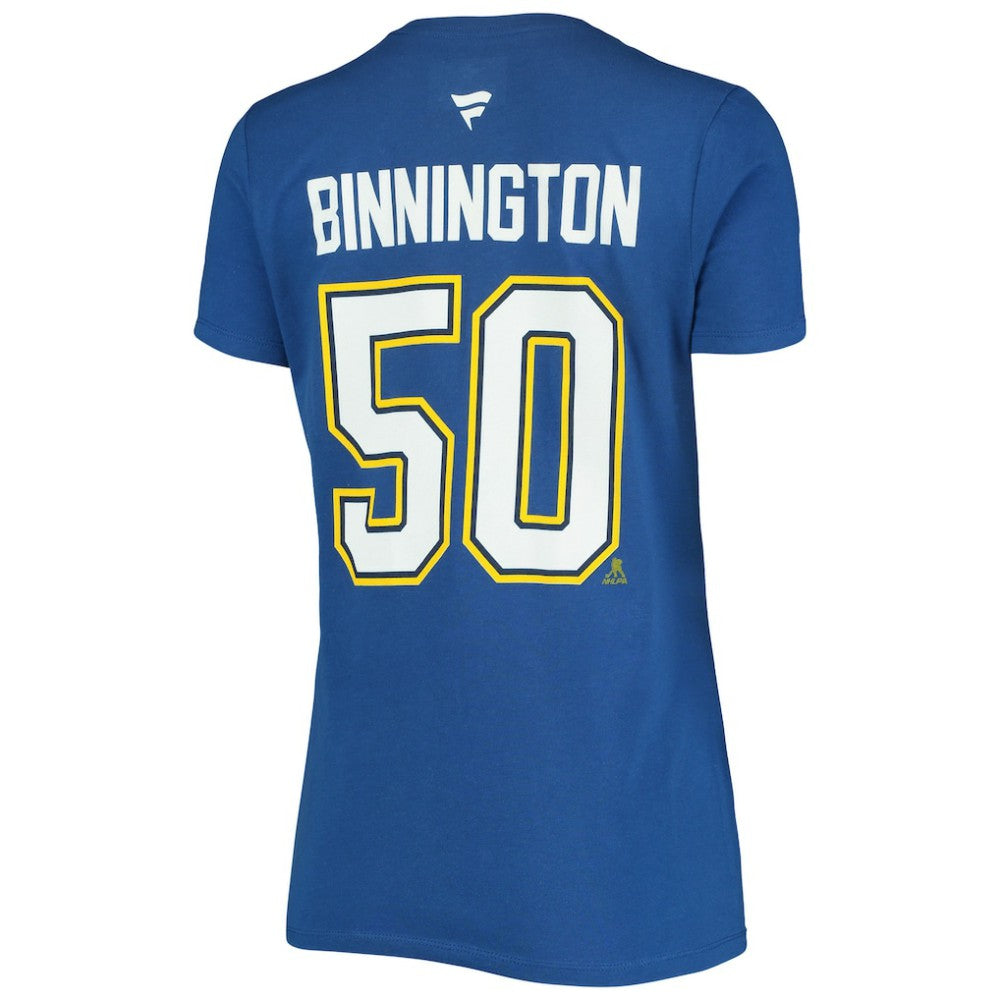 NHL Jordan Binnington St. Louis Blues Fanatics Women's Authentic Stack Name & Number V-Neck T-Shirt - Blue