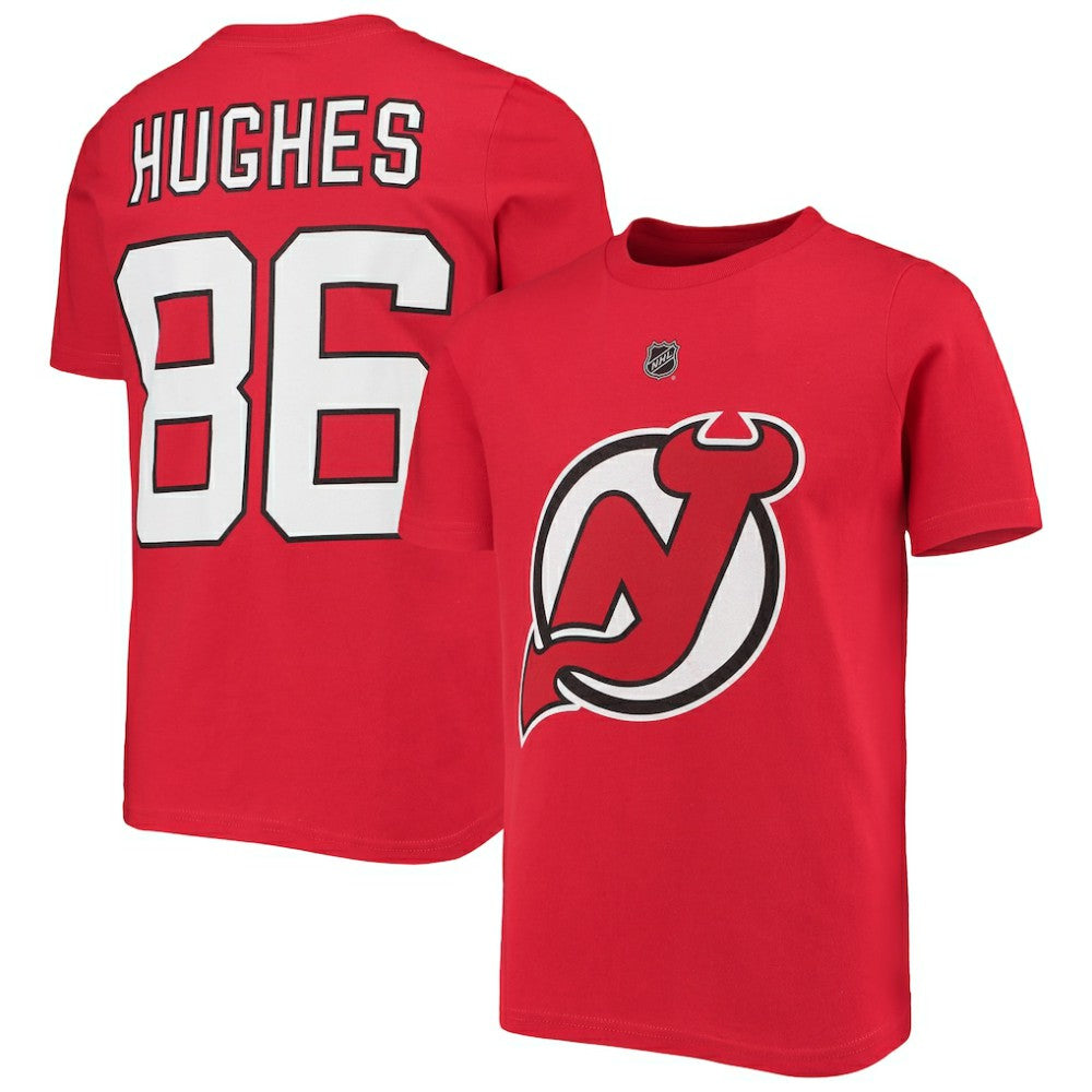 NHL Jack Hughes New Jersey Devils Youth Player Name & Number T-Shirt - Red