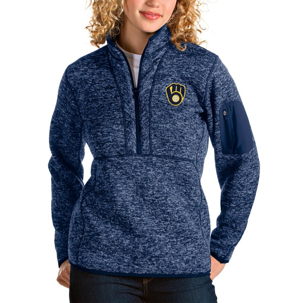 Milwaukee Brewers Antigua Women's Fortune Half-Zip Pullover Jacket - Heather Navy Jackets