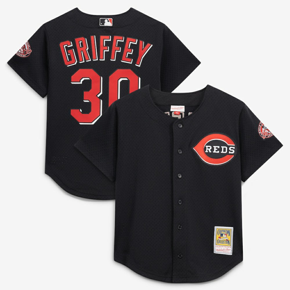 Ken Griffey Jr. Cincinnati Reds Mitchell & Ness Cooperstown Collection Mesh Batting Practice Button-Up Jersey - Black Jerseys