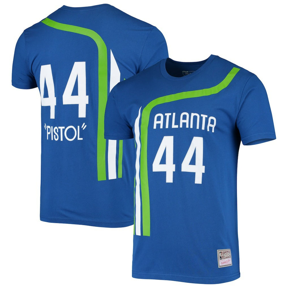 Pete Maravich Atlanta Hawks Hardwood Classics Stitch Name & Number T-Shirt Blue