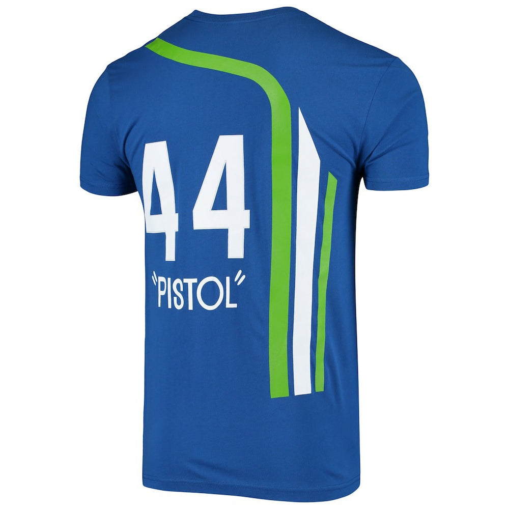 Pete Maravich Atlanta Hawks Hardwood Classics Stitch Name & Number T-Shirt Blue