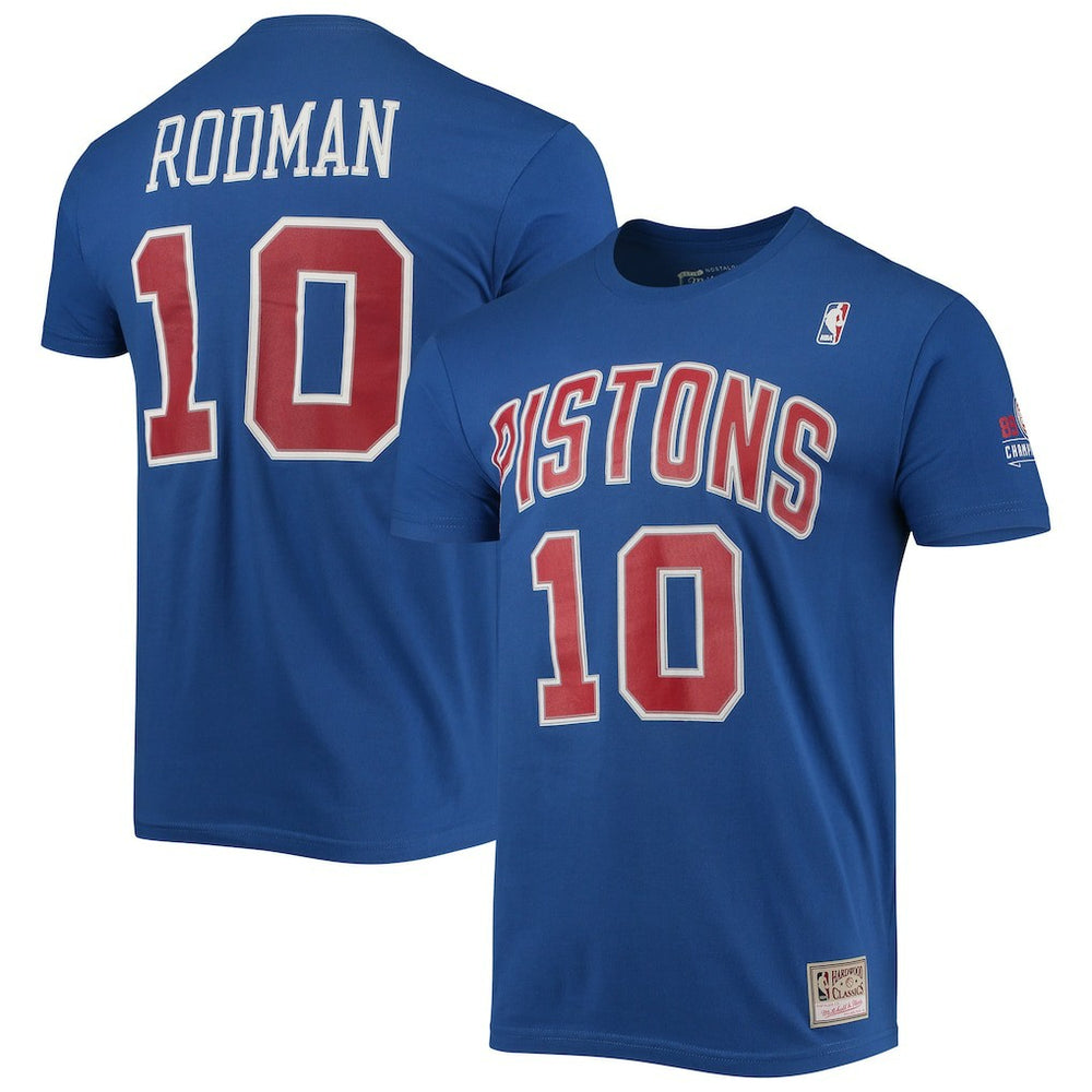 Dennis Rodman Detroit Pistons Hardwood Classics Stitch Name & Number T-Shirt Blue