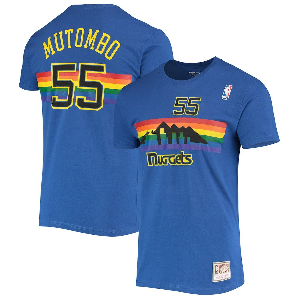 Dikembe Mutombo Denver Nuggets Hardwood Classics Stitch Name & Number T-Shirt Royal