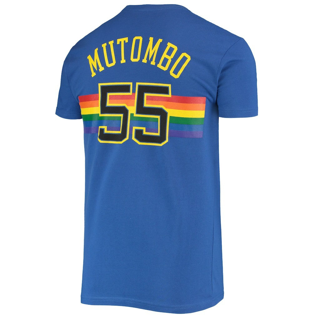 Dikembe Mutombo Denver Nuggets Hardwood Classics Stitch Name & Number T-Shirt Royal