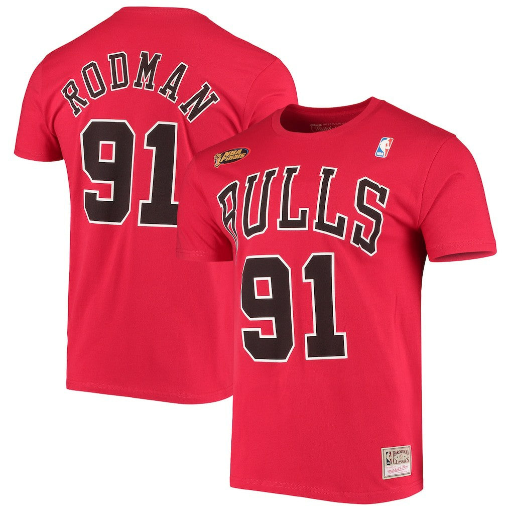 Dennis Rodman Chicago Bulls Hardwood Classics Stitch Name & Number T-Shirt Red