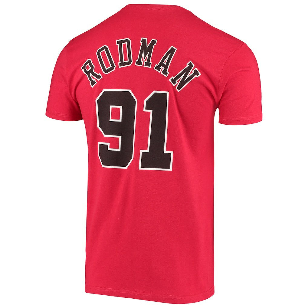 Dennis Rodman Chicago Bulls Hardwood Classics Stitch Name & Number T-Shirt Red