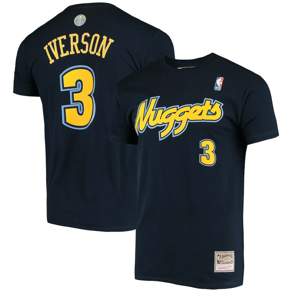 Allen Iverson Denver Nuggets Hardwood Classics Stitch Name & Number T-Shirt Navy