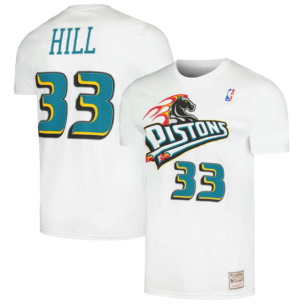 Grant Hill Detroit Pistons Hardwood Classics Stitch Name & Number T-Shirt White