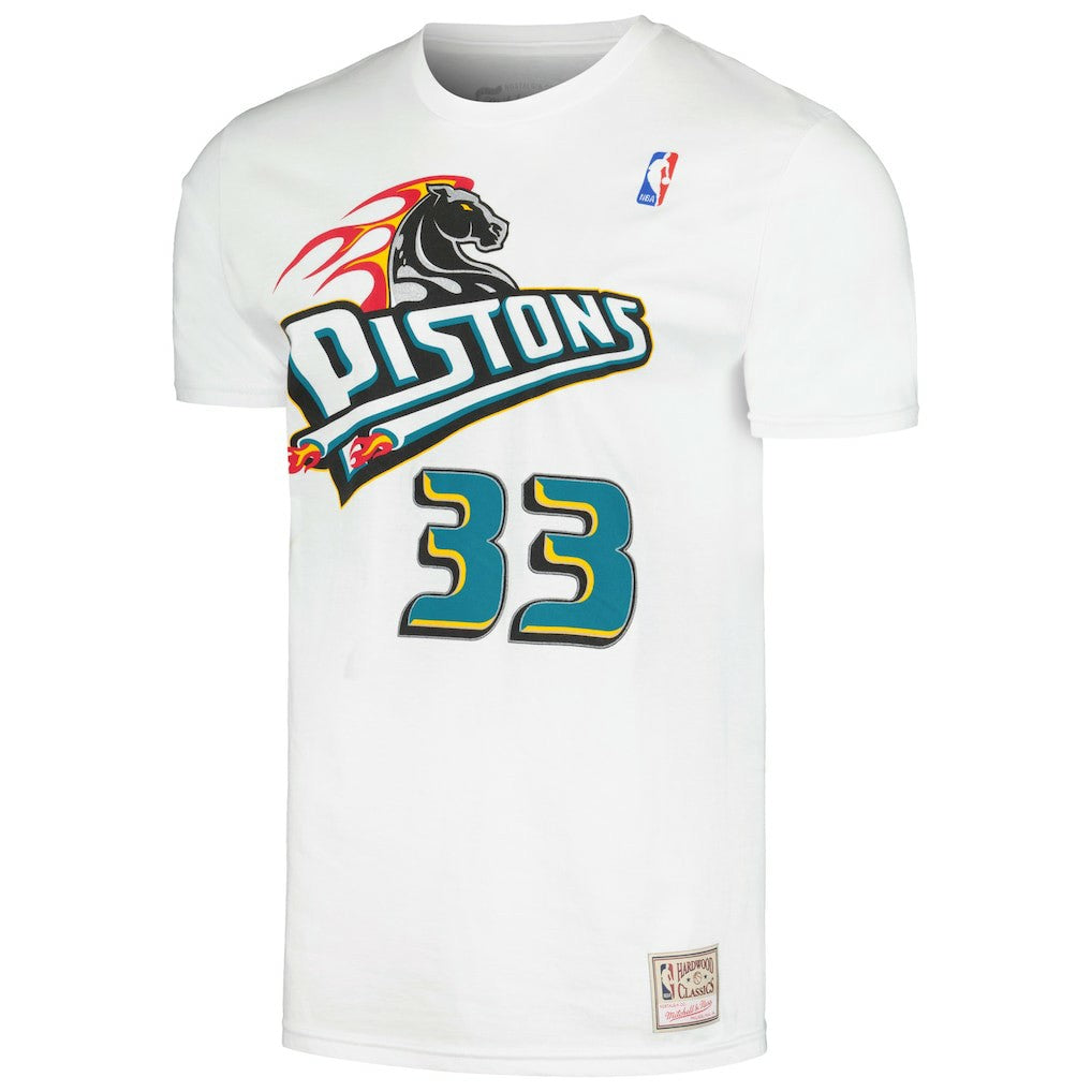 Grant Hill Detroit Pistons Hardwood Classics Stitch Name & Number T-Shirt White
