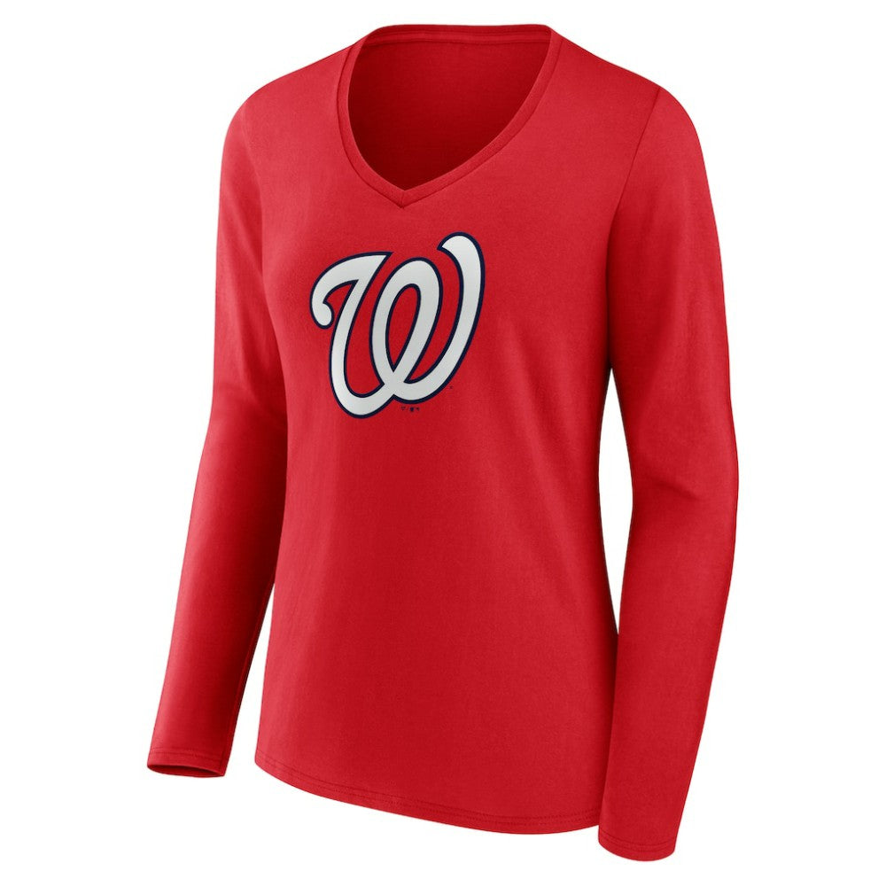 Washington Nationals Women's Official Logo Long Sleeve V-Neck T-Shirt - Red T-shirts