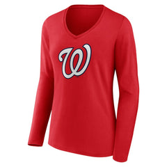 Washington Nationals Women's Official Logo Long Sleeve V-Neck T-Shirt - Red T-shirts