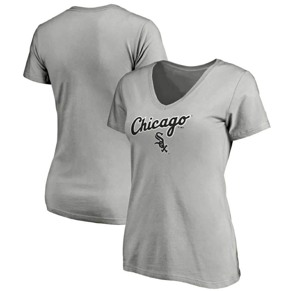 Chicago White Sox Fanatics Women's Team Logo Lockup V-Neck T-Shirt - Heathered Gray T-shirts